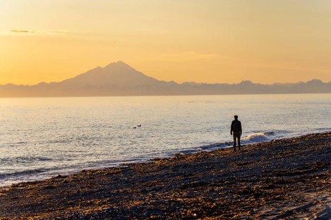 Young man walking along the beach at sunset, view across Cook Inlet to white mountain peaks of