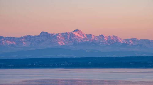 The Appenzell Alps, illuminated by the setting sun with the 2502 meter high SÃ¤ntis, in front of