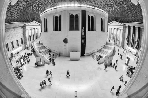 Extreme wide angle view, fisheye, black and white photo of the Great Court of the British Museum in