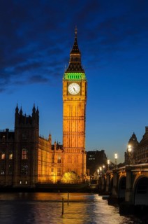 Elizabeth Tower, Big Ben with Westminster Palace and Westminster Bridge at blue hour, London,