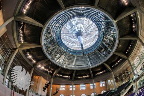 Interior view from the plenary hall in the Reichstag building to the glass dome with the central