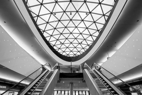 Modern architecture, black and white photography, interior view of the Sihlcity shopping center in