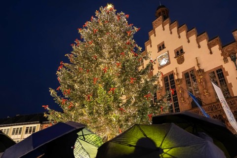 Visitors to the Frankfurt Christmas market protect themselves from the rain with umbrellas in the