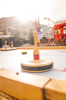 Close-up of a wooden outdoor throwing game in sunshine, Sindelfingen, Böblingen district, Germany