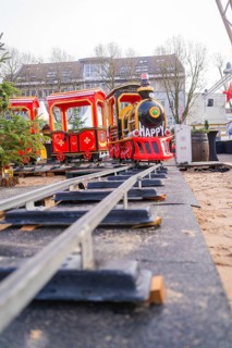 Toy train on rails creates cheerful atmosphere at Christmas market, Sindelfingen, Böblingen