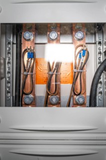 Open control box with visible copper lines and wiring, electrician, new building, Germany