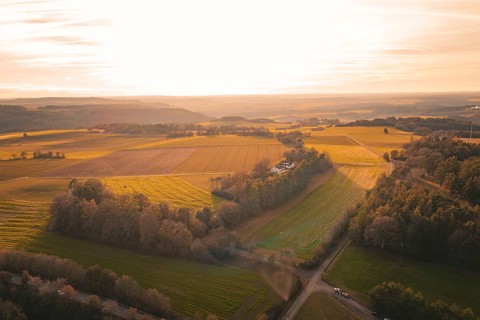 Extensive fields in soft sunset light with views of distant hills, Gechingen, Hecken and GÃ¤u