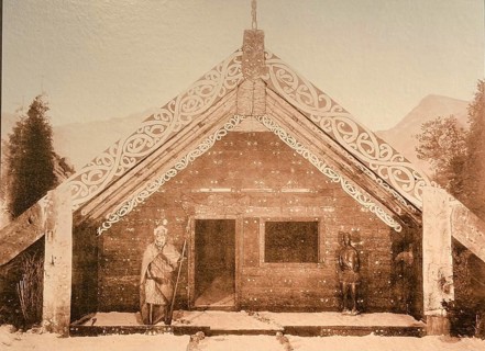 Taewahki can be seen on the right side of the porch of the meeting house, which the company J.F.G.