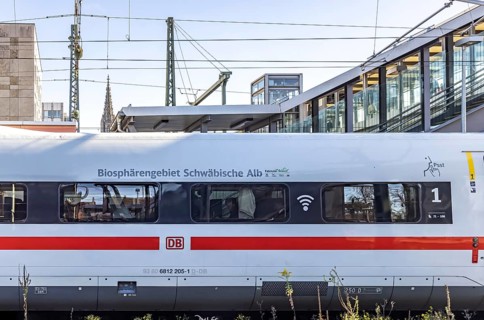 ICE at Ulm Central Station. The high-speed train is called the Swabian Alb Biosphere Reserve. Ulm,