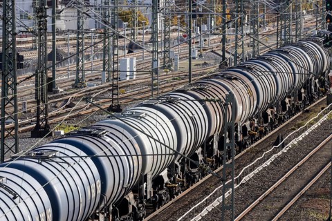 Freight train with tank car traveling through UntertÃ¼rkheim, Stuttgart, Baden-WÃ¼rttemberg,