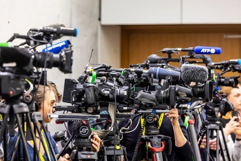 Cameras from various television stations are prepared for a press conference. Stuttgart,