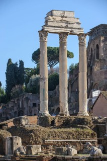Remaining three pillars of Dioscuri Temple Temple of Castor and Pollux, Roman Forum, Rome, Lazio,