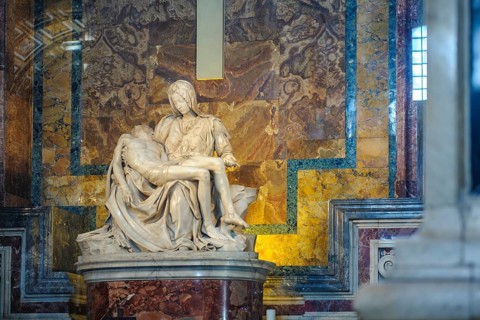 Front view of marble sculpture White marble sculpture from Carrara Pieta by Michelangelo Mary