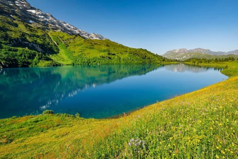 Engstlensee near Engstlenalp with Rothorn and Glogghues in the background, Canton of Bern,