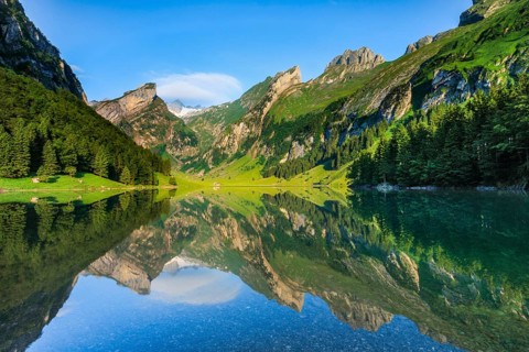 Seealpsee, in Alpstein, SÃ¤ntis in the background, Appenzell, Switzerland