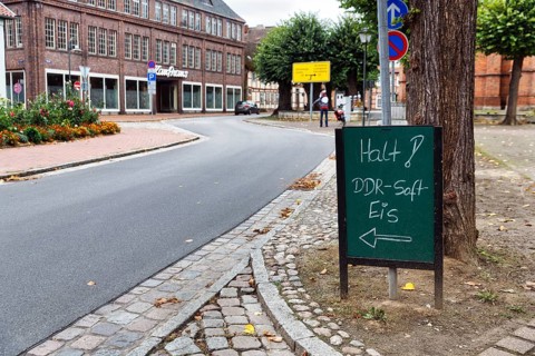 Sign on the side of the road, inscription Halt, DDR Softeis, Dömitz, Hamburg Metropolitan Region,