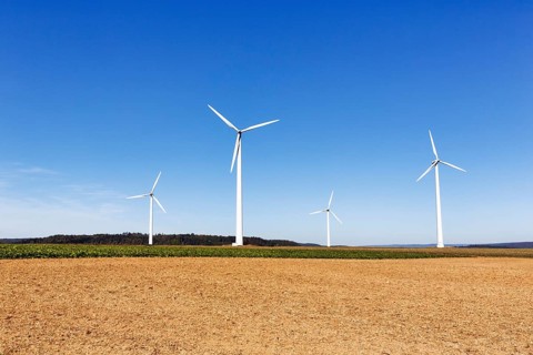 Wind farm, wind turbine, fields, blue sky, GÃ¶ttingen, Germany