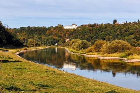 Picturesque landscape with wooded hills and floodplain landscapes, Weser banks, river landscape,