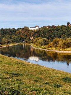 Picturesque landscape with wooded hills and floodplain landscapes, Weser banks, river landscape,