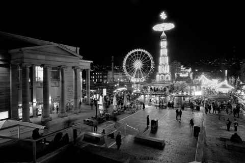 Night view, Christmas market with Christmas pyramid, Ferris wheel, New Castle, Schlossplatz,