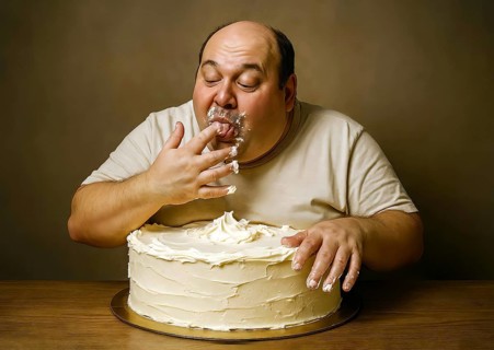 A very fat obese man sits in front of a buttercream cake and licks his fingers off with butter