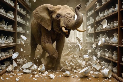 An elephant trumpets through a china shop and destroys porcelain, symbolic image rough, gruff,