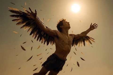 Icarus, also Icaros, flies towards the sun with wings made of wax, the wings melt, Icarus crashes,