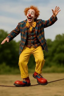 A clown with a clown nose, big shoes and costume balances on a rope, symbolic picture acrobatics,