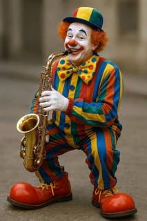 A clown with clown nose, big shoes and costume plays saxophone, symbolic picture acrobatics,