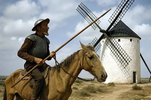 Don Quixote, Don Quixote rides in rusty armor on his rickety horse Rosinante in front of a