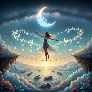 In a dream world, a young woman balances on a rope across an abyss, symbolic image dream, fantasy,