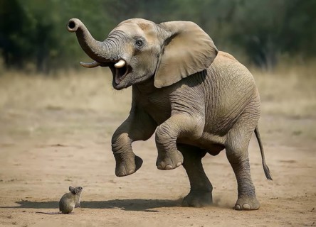 An elephant is startled by a mouse and stands on its hind legs, symbol of fear, panic, fright,