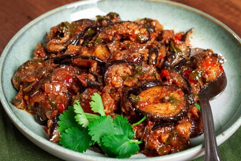 Meat with eggplant, Georgian dish, homemade, no people