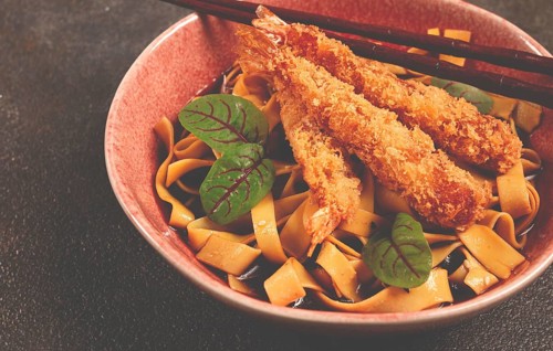 Udon noodles with shrimp in tempura, Japanese cuisine, homemade, no people