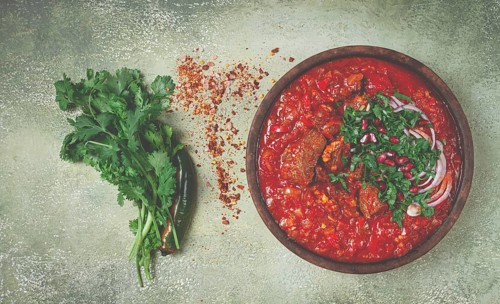 Chashushuli, a traditional Georgian dish, spicy, stewed meat with tomatoes and spices, homemade, no