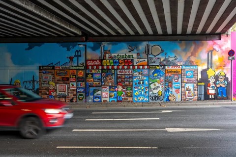 Huge street art pictures in a road tunnel in Gelsenkirchen, the approximately 120 meter long