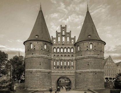 Holstentor, historic city gate from 1478, Sepia, Holstentorplatz, Hanseatic City of LÃ¼beck,