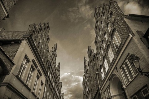 Late medieval residential and trading houses with staircases, 15th century, sepia, LÃ¼beck,