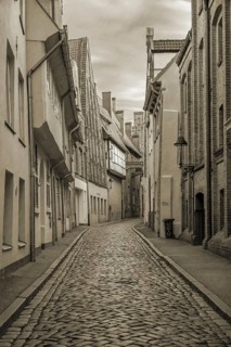 Alley of LÃ¼beck's old town with historic houses, Sepia, Seventh QuerstraÃŸe, Hanseatic City of
