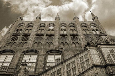 Part of the town hall, built around 1240, Sepia, Hanseatic City of LÃ¼beck, Schleswig-Holstein,