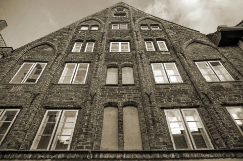 Brick Gothic house built in 1321, Sepia, Hanseatic City of LÃ¼beck, Schleswig-Holstein, Germany