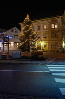 An illuminated Christmas tree in front of a building and a pedestrian crossing at night, Aidlingen,