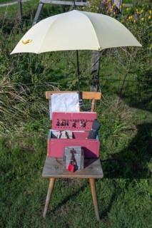 Jewellery offering under an umbrella by the wayside, Ahrenshoop, DarÃŸ, Mecklenburg-Western