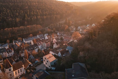 Village captured in warm light on the edge of a forest under a golden sky, Dillweisenstein,