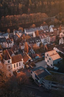 Small-scale view of a charming village with half-timbered houses in the evening light,