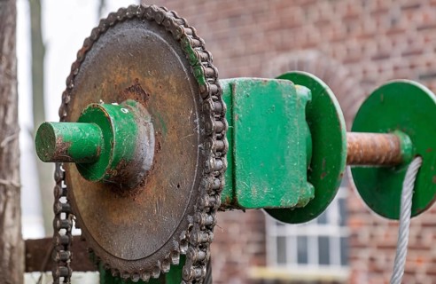 Lifting mechanism at a historic water mill, MÃ¼nsterland, North Rhine-Westphalia, Germany