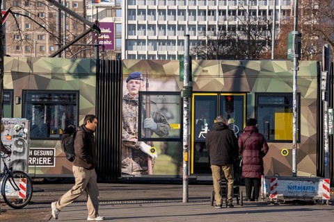 Streetcar on AlexanderstraÃŸe in Berlin, advertising for the Bundeswehr, personnel advertising,
