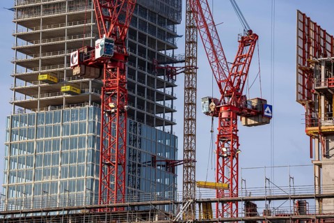 Construction site of the Covivio skyscraper in front, in the vicinity of Alexanderplatz in Berlin,