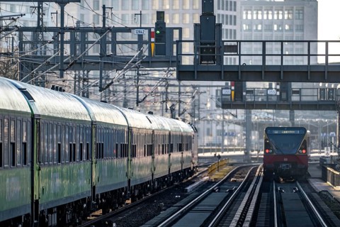 S-Bahn train and Flixtrain train on the route, near Tiergarten station, Berlin, Germany