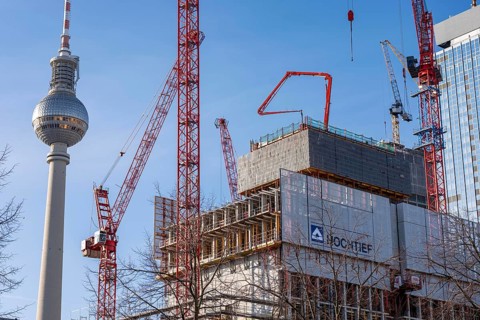 Construction site of the Covivio high-rise building at the front, in the vicinity of Alexanderplatz